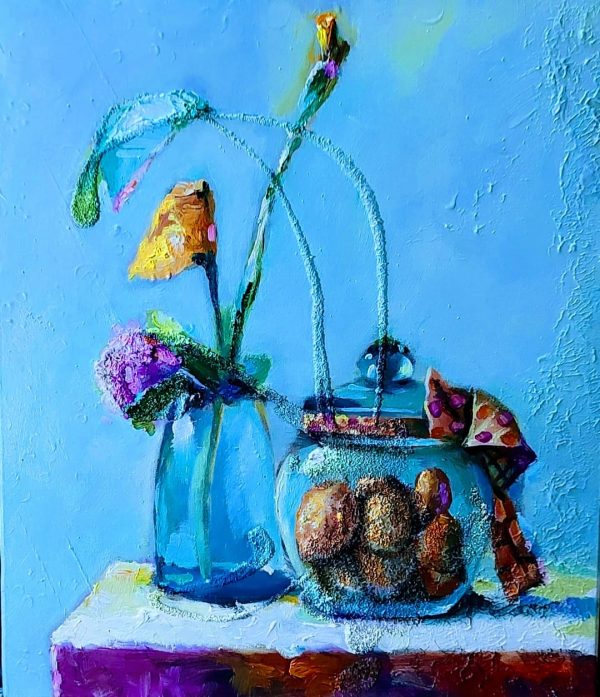 Natureza-morta em azul – quadro pintado à mão por Silvia Porto