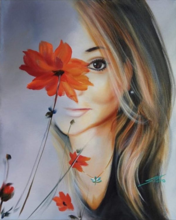 Mulher com flor vermelha – quadro pintado à mão por Silvia Porto