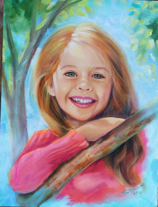 Menina sorrindo na árvore – quadro pintado à mão por Silvia Porto