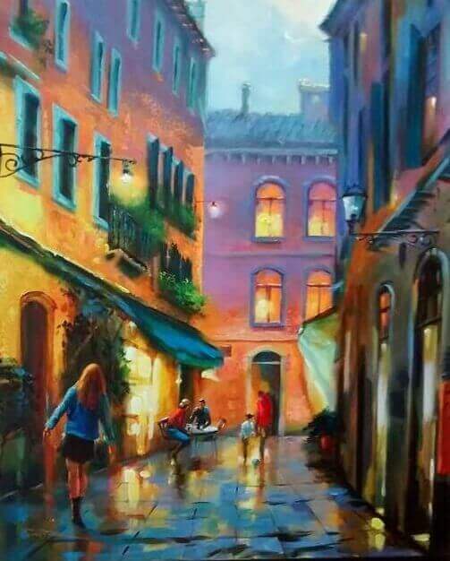 Rua antiga ao anoitecer – quadro pintado à mão por Silvia Porto