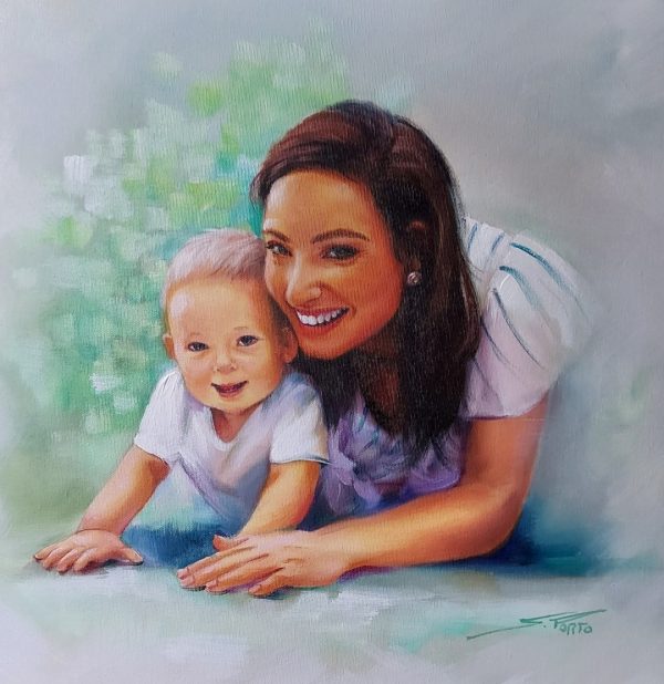 Mãe e bebê – quadro pintado à mão por Silvia Porto