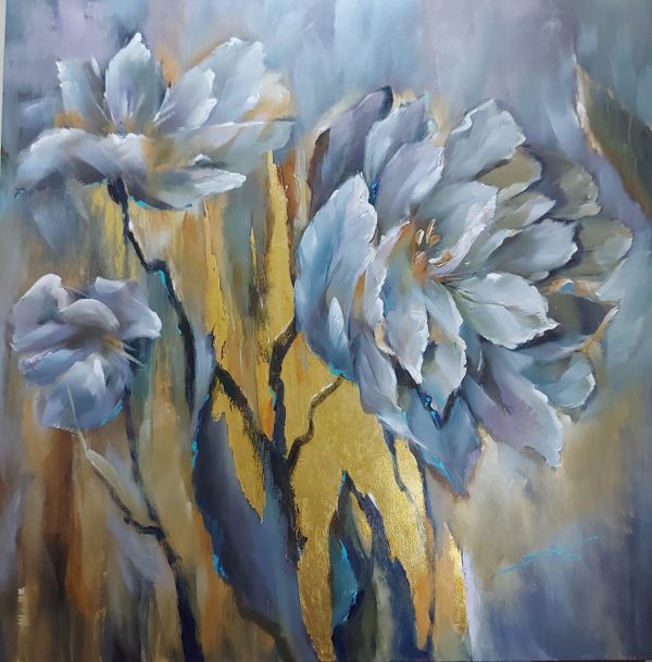 Flores azuis e douradas – quadro pintado à mão por Silvia Porto
