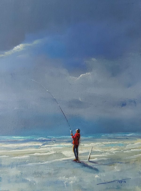 Pescador na praia – quadro pintado à mão por Silvia Porto