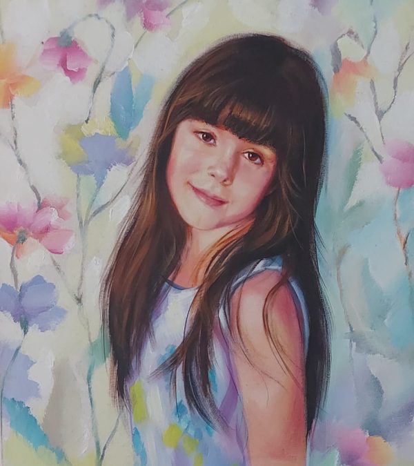 Menina com flores – quadro pintado à mão por Silvia Porto