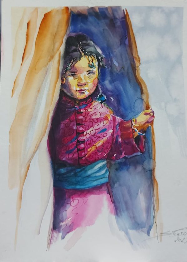 Menina na cortina – quadro pintado à mão por Silvia Porto