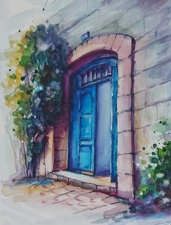 Porta azul com trepadeira – quadro pintado à mão por Silvia Porto