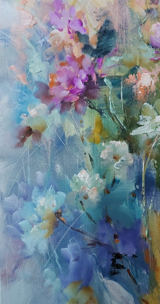 Flores lilases em relevo – quadro pintado à mão por Silvia Porto