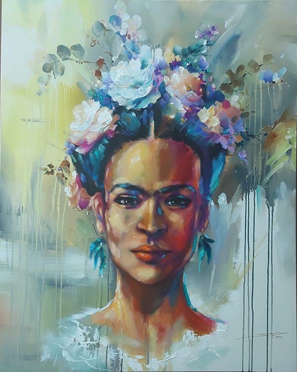 Mulher com flores ao vento – quadro pintado à mão por Silvia Porto