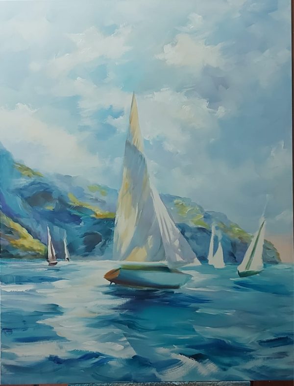 Veleiros na baía – quadro pintado à mão por Silvia Porto