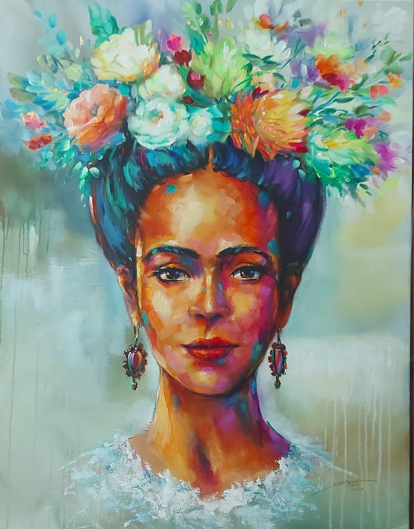 Mulher com flores no cabelo – quadro pintado à mão por Silvia Porto