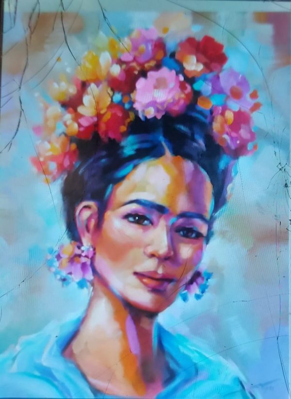 Mulher com flores coloridas – quadro pintado à mão por Silvia Porto