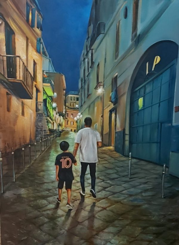 Pai e filho na rua à noite – quadro pintado à mão por Silvia Porto