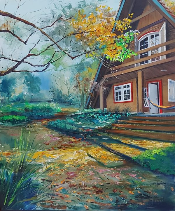Casa de madeira no outono – quadro pintado à mão por Silvia Porto