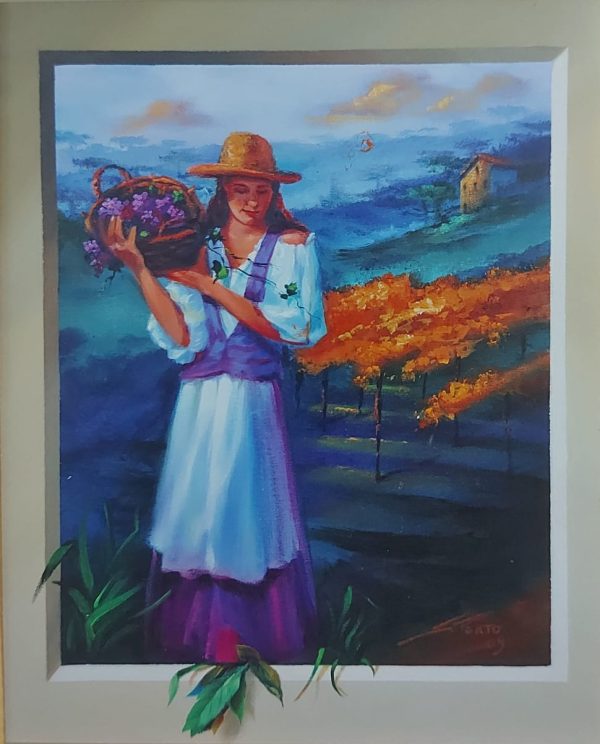Mulher com cesto de flores – quadro pintado à mão por Silvia Porto