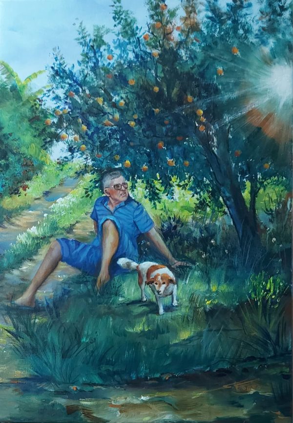 Homem e cachorro no bosque – quadro pintado à mão por Silvia Porto