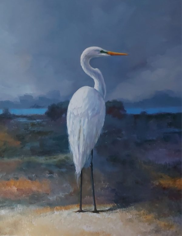 Garça ao entardecer – quadro pintado à mão por Silvia Porto
