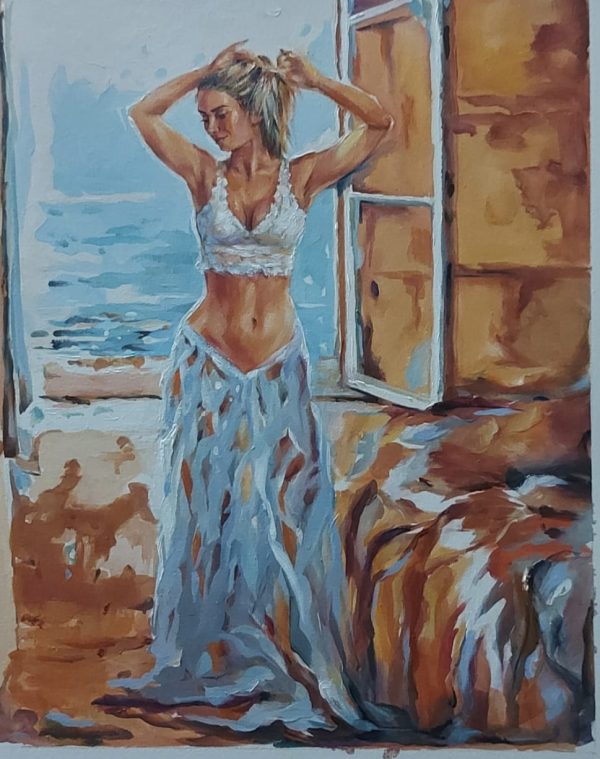 Mulher na janela – quadro pintado à mão por Silvia Porto
