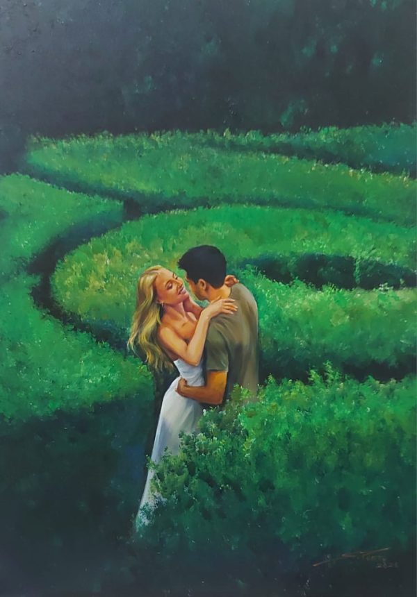 Casal entre as plantações – quadro pintado à mão por Silvia Porto