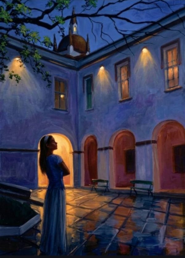 Noite no pátio colonial – quadro pintado à mão por Silvia Porto