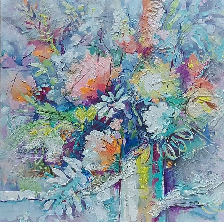 Buquê em relevo colorido — quadro de Silvia Porto